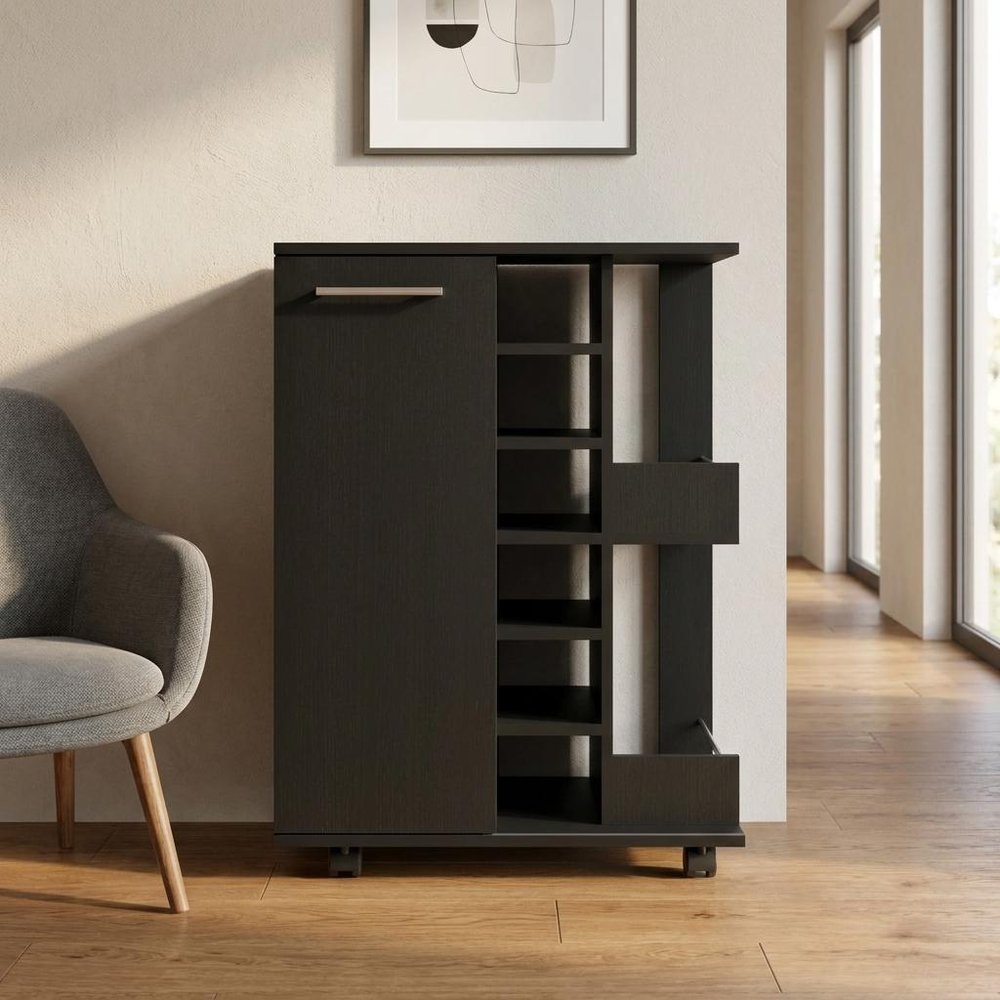 Black Rolling Bar Cart With Wine Storage