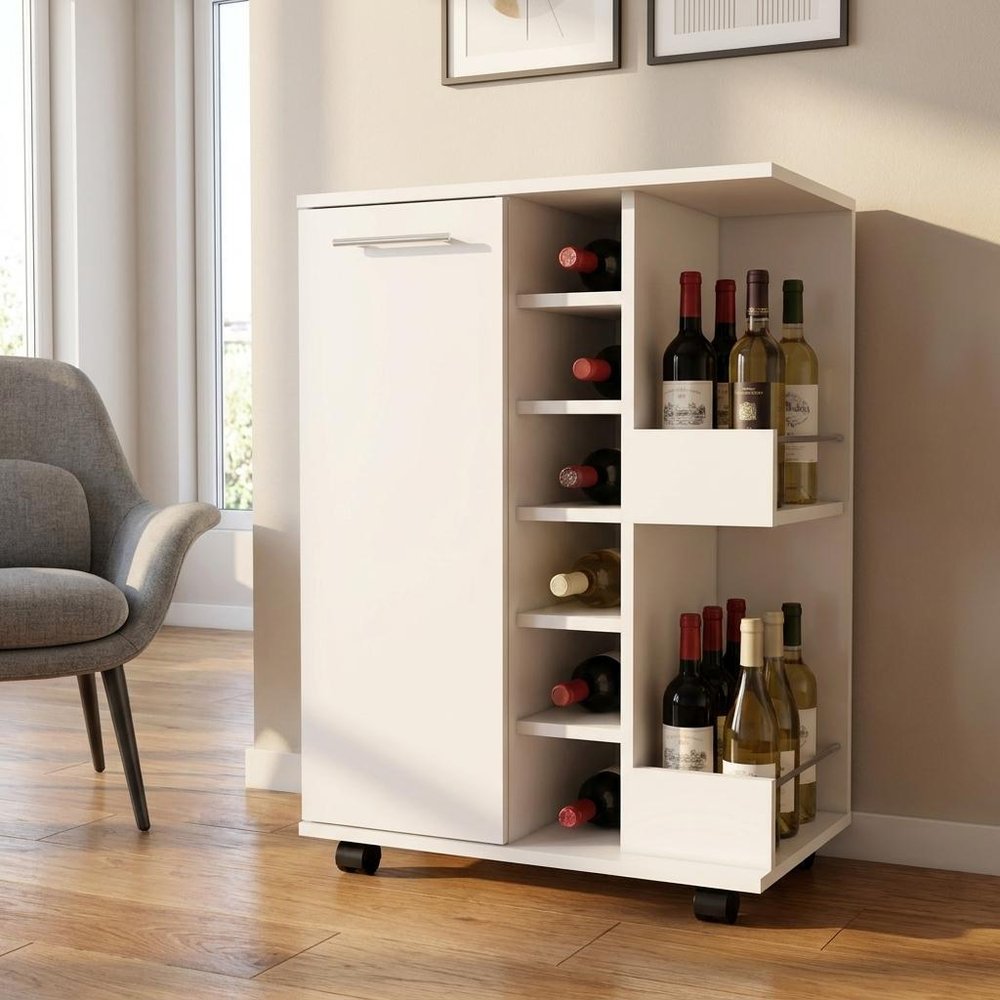 White Rolling Bar Cart With Wine Storage in a home interior