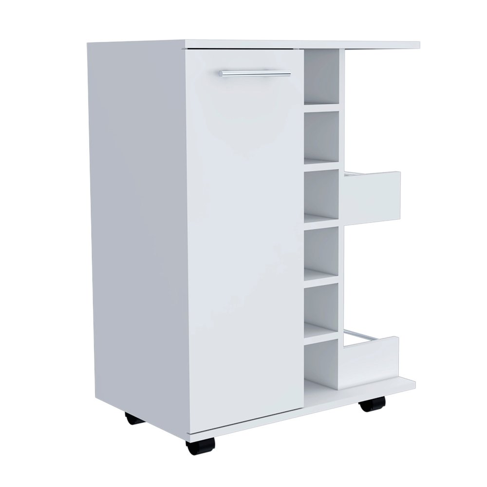 White Rolling Bar Cart With Wine Storage on a white background
