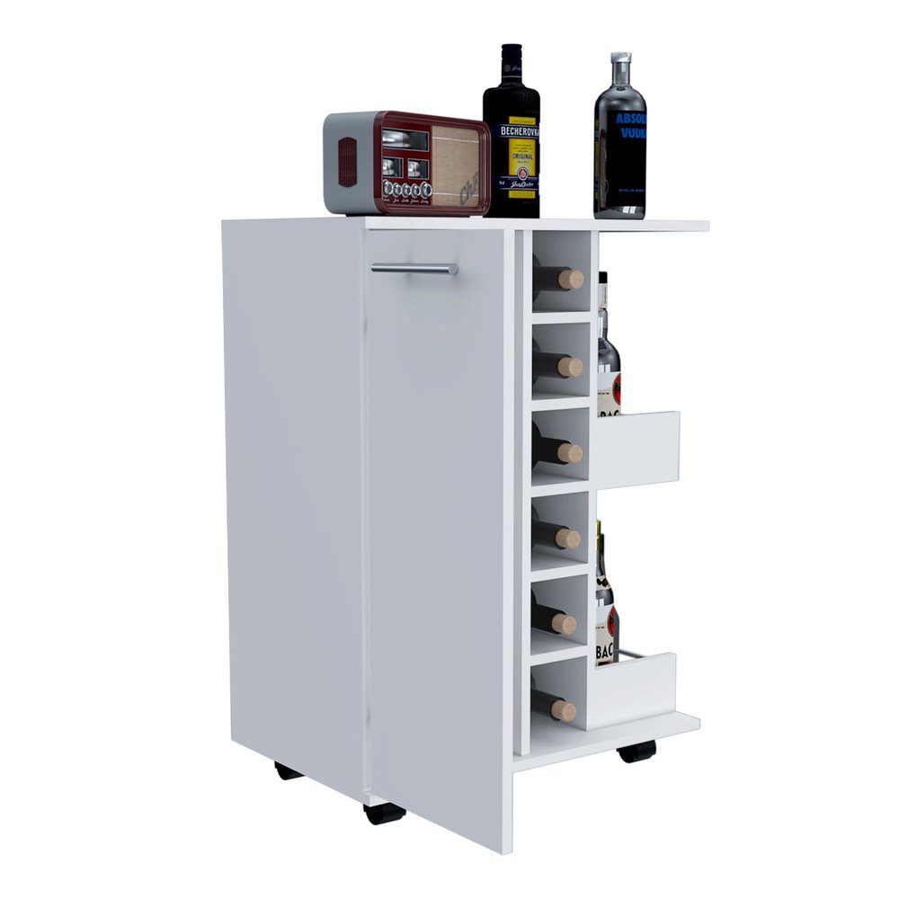 White Rolling Bar Cart With Wine Storage on a white background