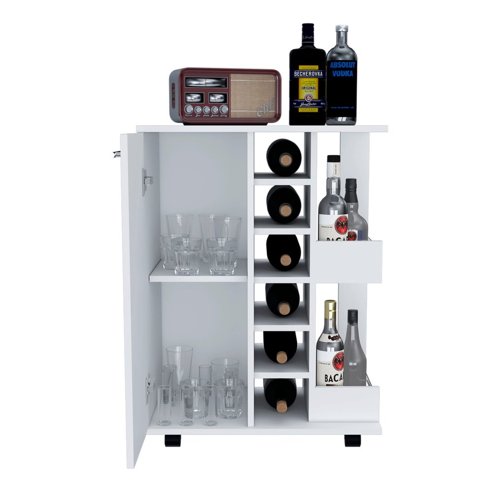 White Rolling Bar Cart With Wine Storage on a white background
