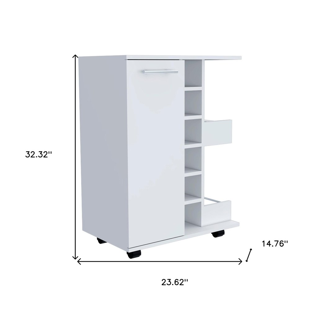 White Rolling Bar Cart With Wine Storage on a white background