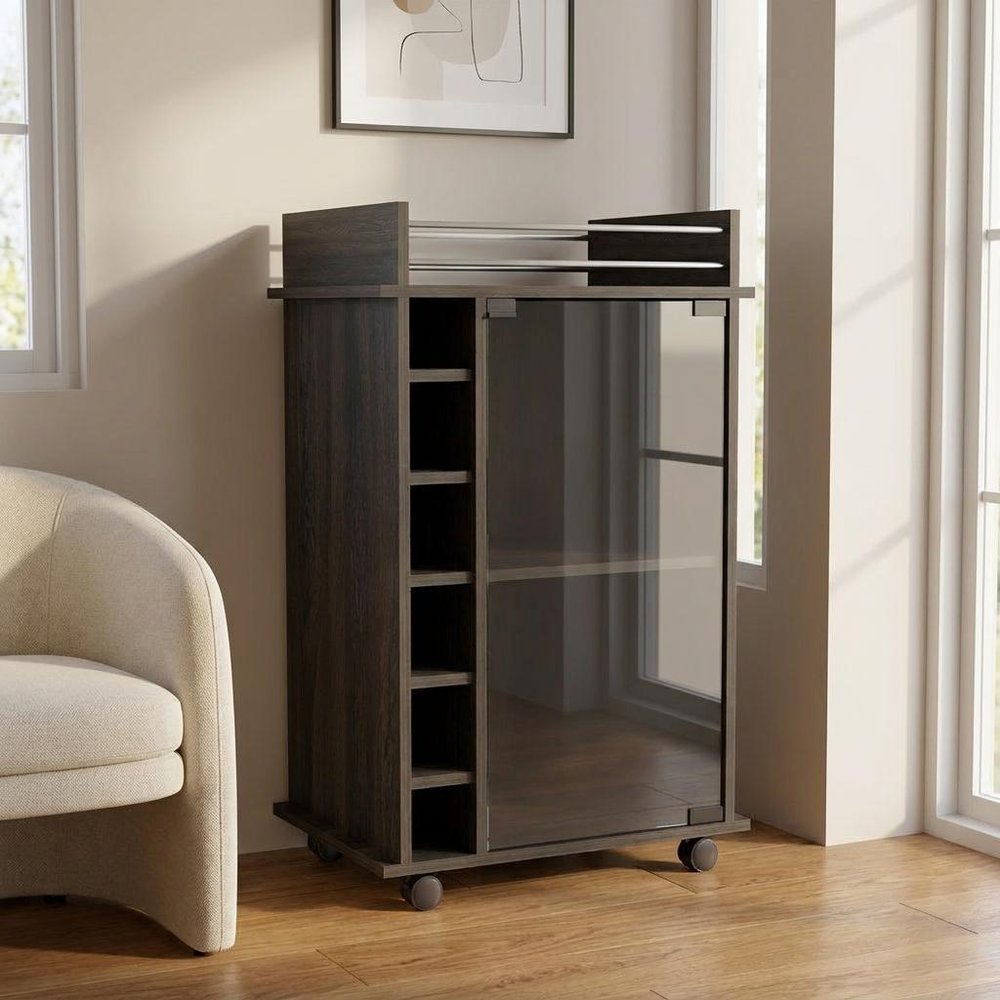 Espresso Rolling Bar Cart With Wine Storage