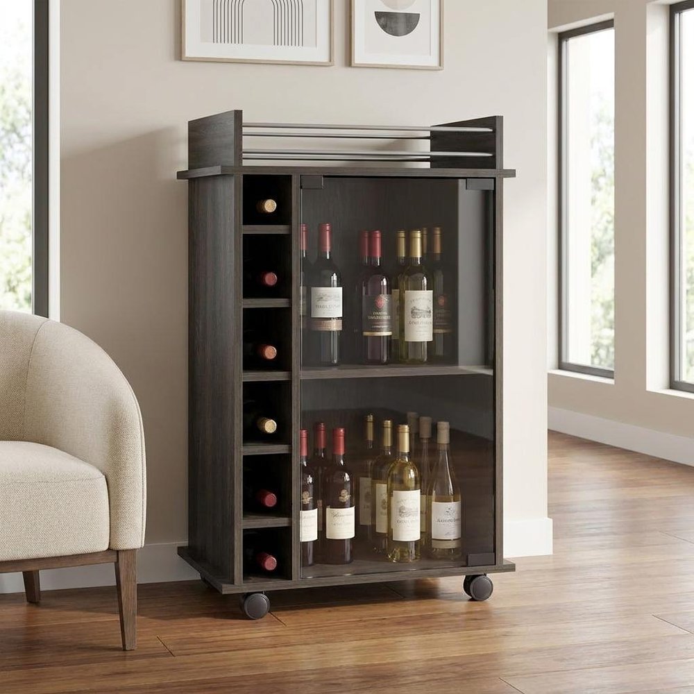 Espresso Rolling Bar Cart With Wine Storage - 35" H x 21.6" W x 16.3" D