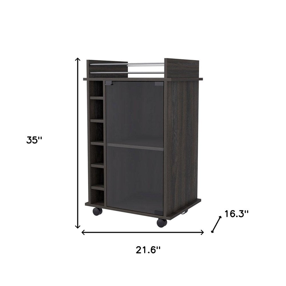 Espresso Rolling Bar Cart With Wine Storage - 35" H x 21.6" W x 16.3" D on a white background