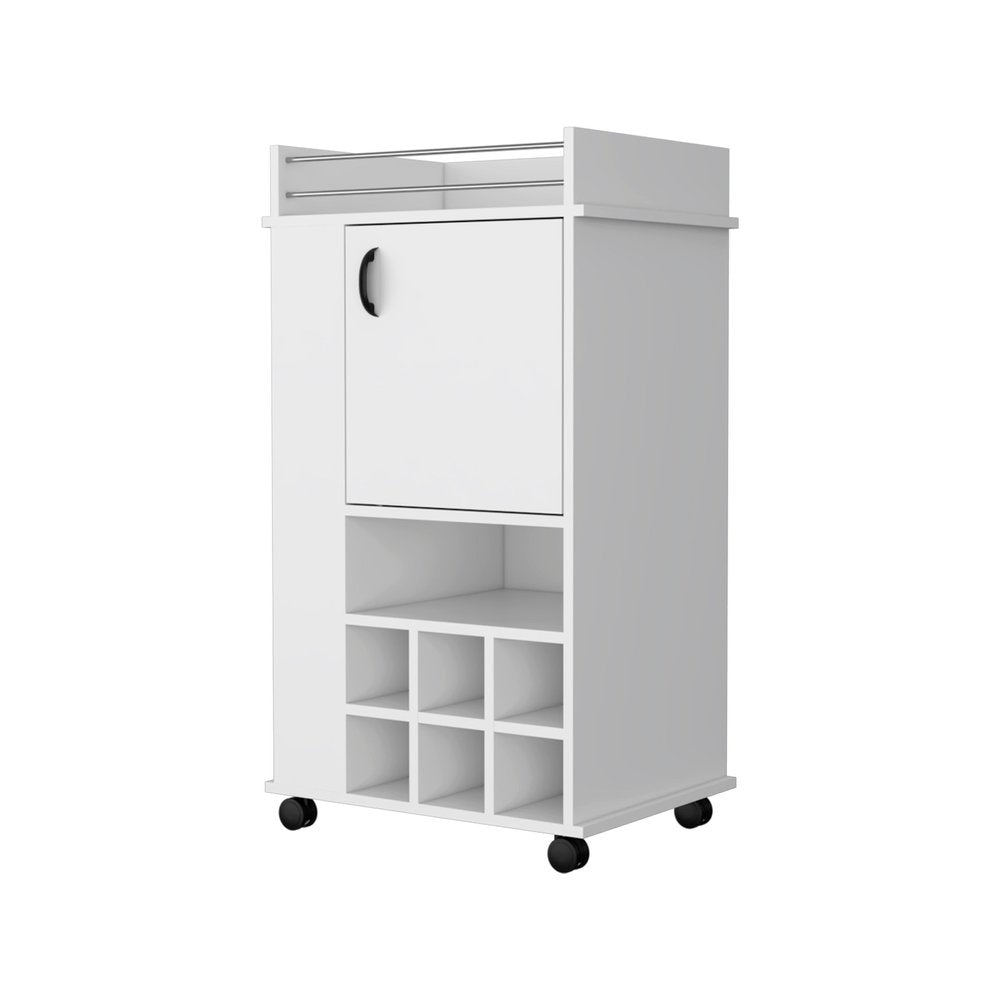 White rolling bar cart with a cabinet, open shelf, and wine bottle storage cubbies on a white background.
