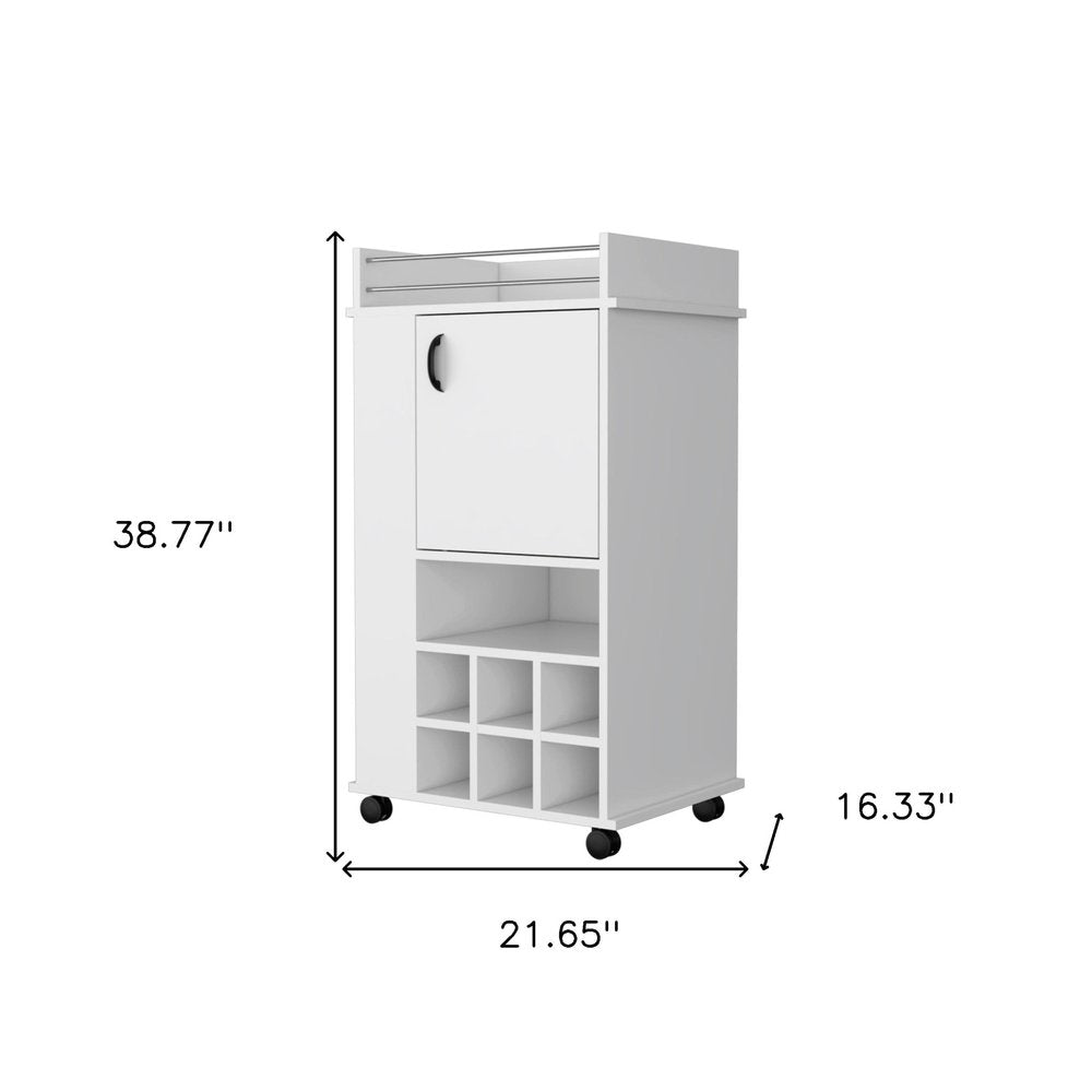 White Rolling Bar Cart With Wine Storage - 38.77" H x 21.65" W x 16.33" D on a white background