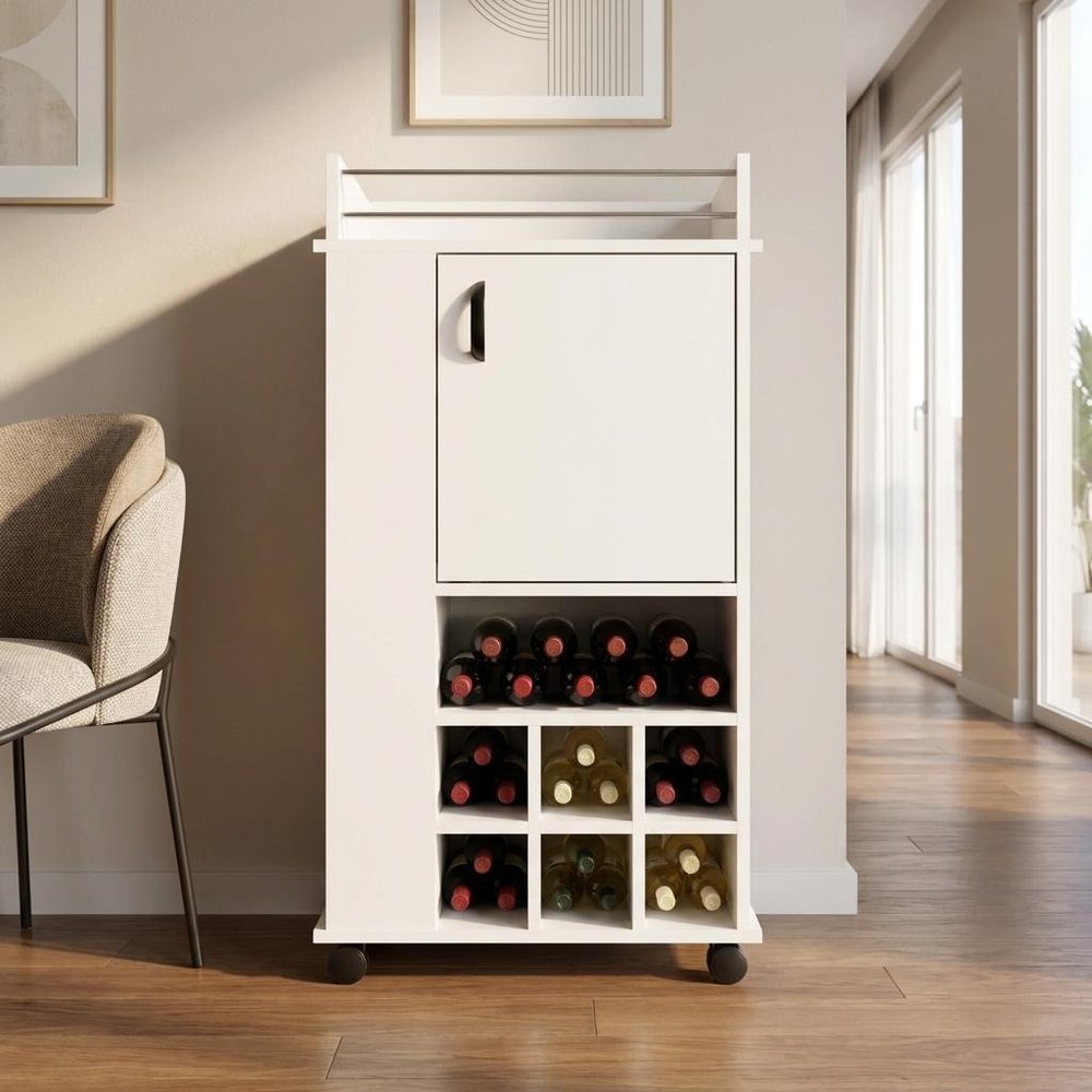 White Rolling Bar Cart With Wine Storage - 38.77" H x 21.65" W x 16.33" D in a home interior