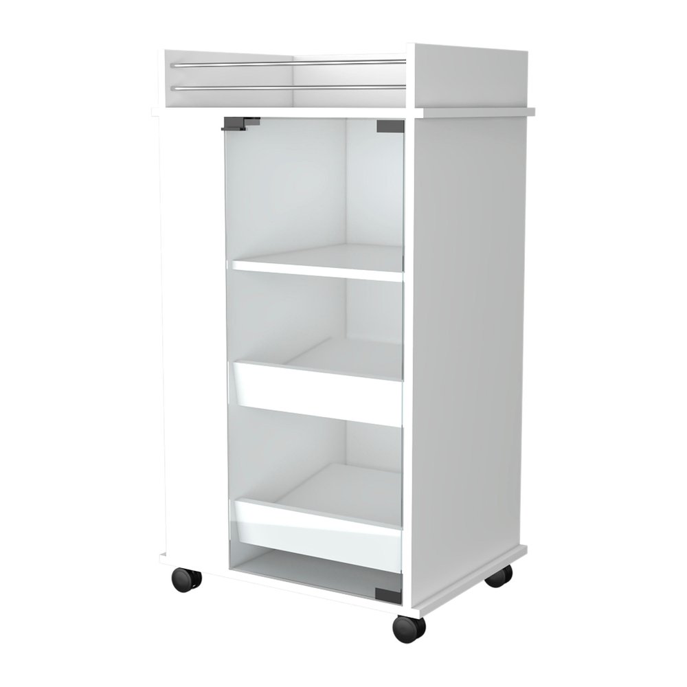 White Rolling Bar Cart With Wine Storage on a white background