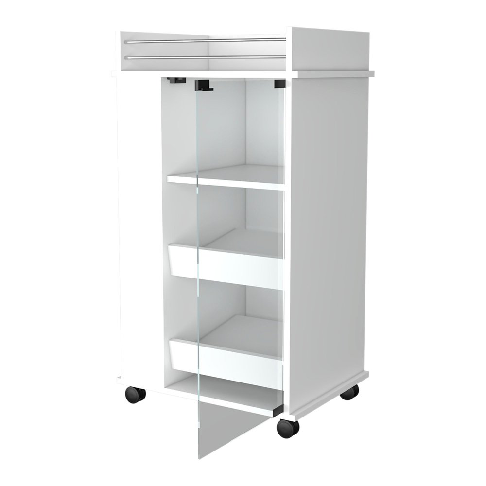 White Rolling Bar Cart With Wine Storage on a white background