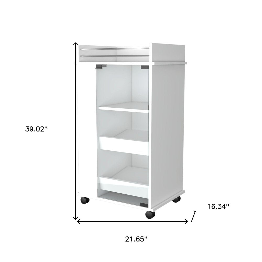 White Rolling Bar Cart With Wine Storage on a white background