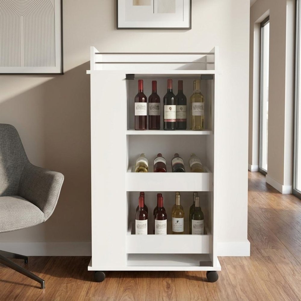 White Rolling Bar Cart With Wine Storage in a home interior