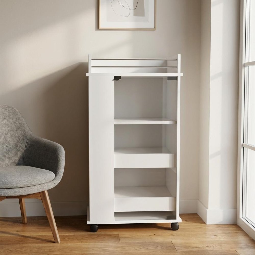 White Rolling Bar Cart With Wine Storage
