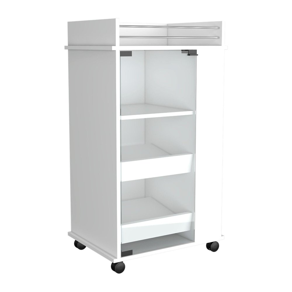 White Rolling Bar Cart With Wine Storage on a white background