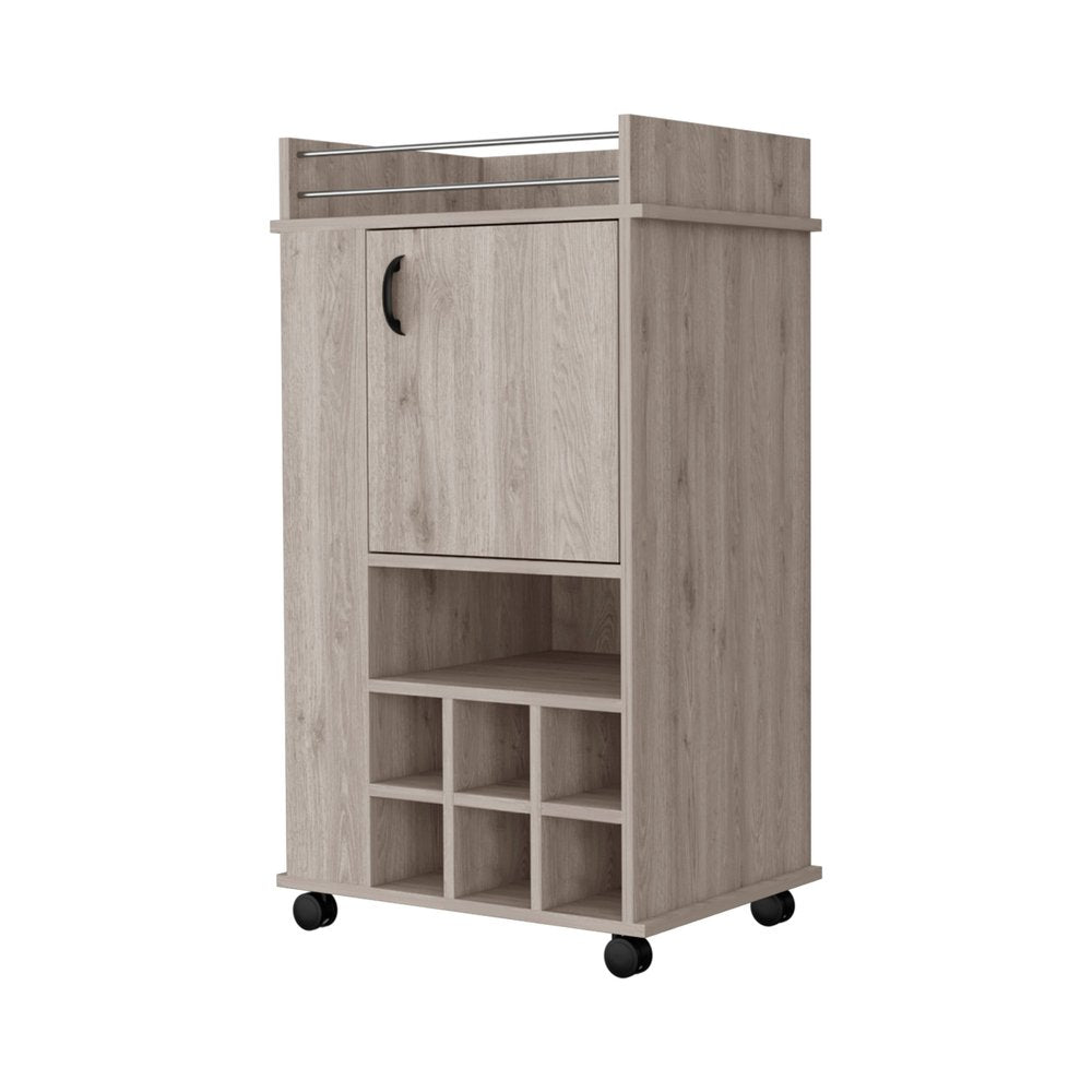 Light gray rolling bar cart with a single door and wine storage cubbies, set against a white background.