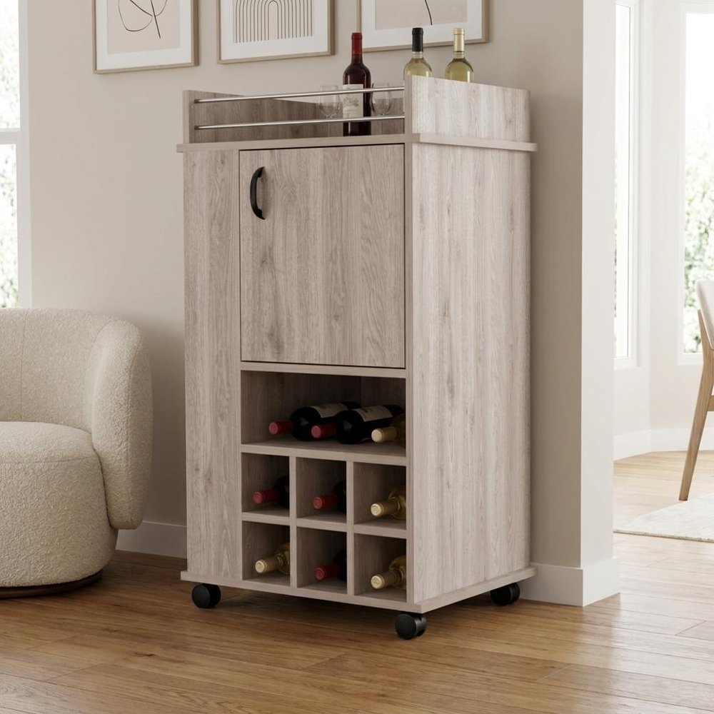 Light Gray Rolling Bar Cart With Wine Storage - 38.77" H x 21.65" W x 16.33" D