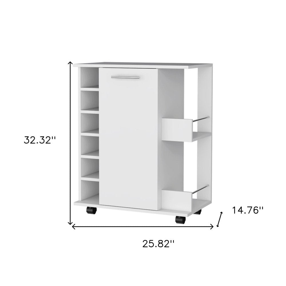White Rolling Bar Cart With Wine Storage on a white background