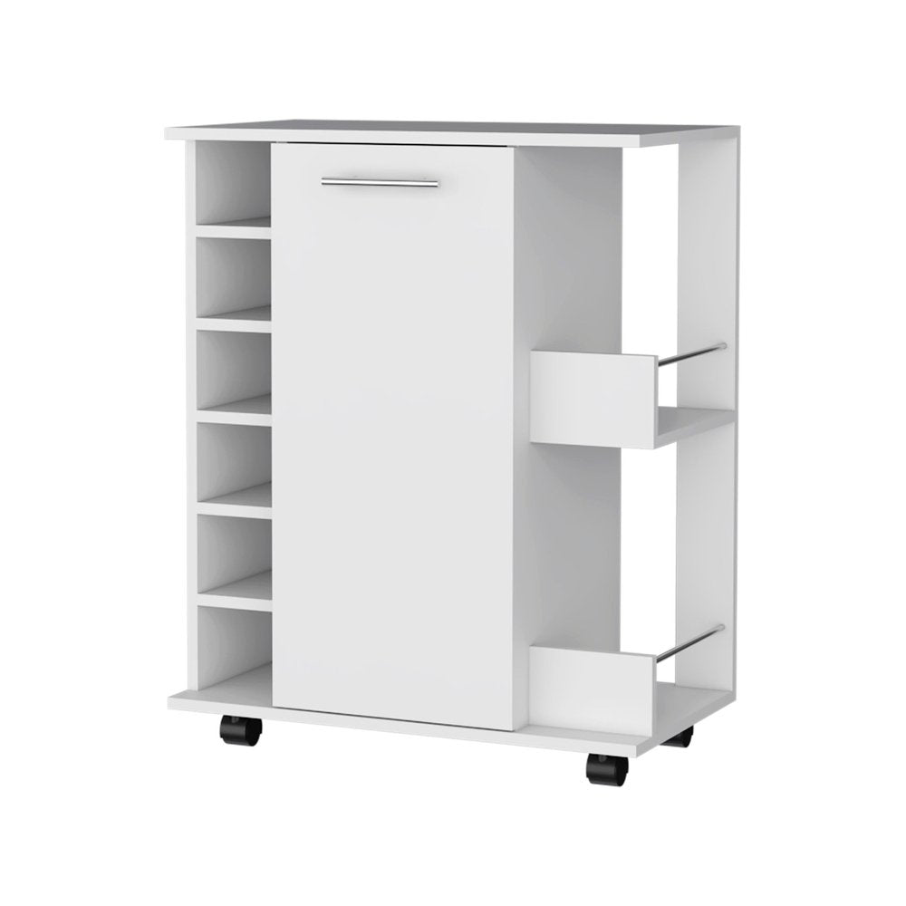 White Rolling Bar Cart With Wine Storage - 32.32" H x 25.82" W x 14.76" D