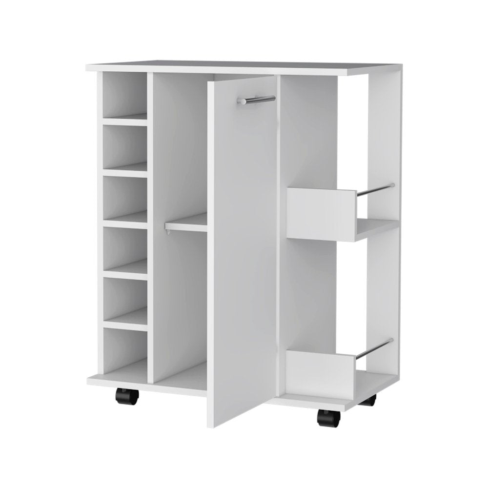 White Rolling Bar Cart With Wine Storage - 32.32" H x 25.82" W x 14.76" D