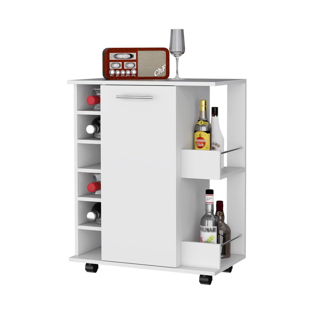 White Rolling Bar Cart With Wine Storage - 32.32" H x 25.82" W x 14.76" D