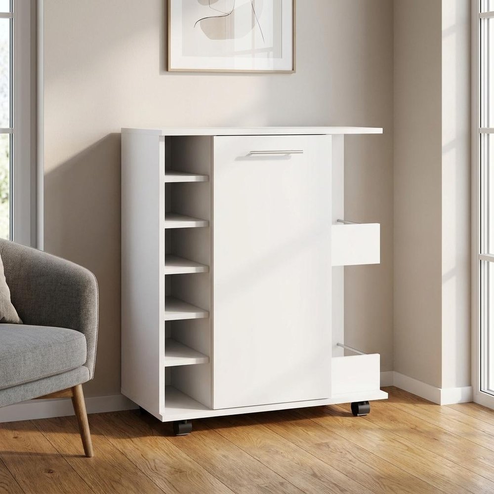 White Rolling Bar Cart With Wine Storage