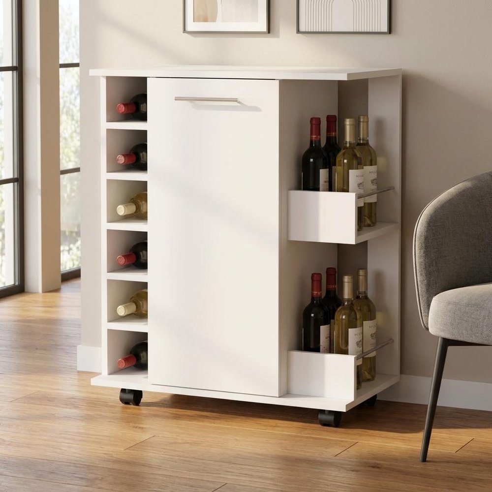 White Rolling Bar Cart With Wine Storage in a home interior
