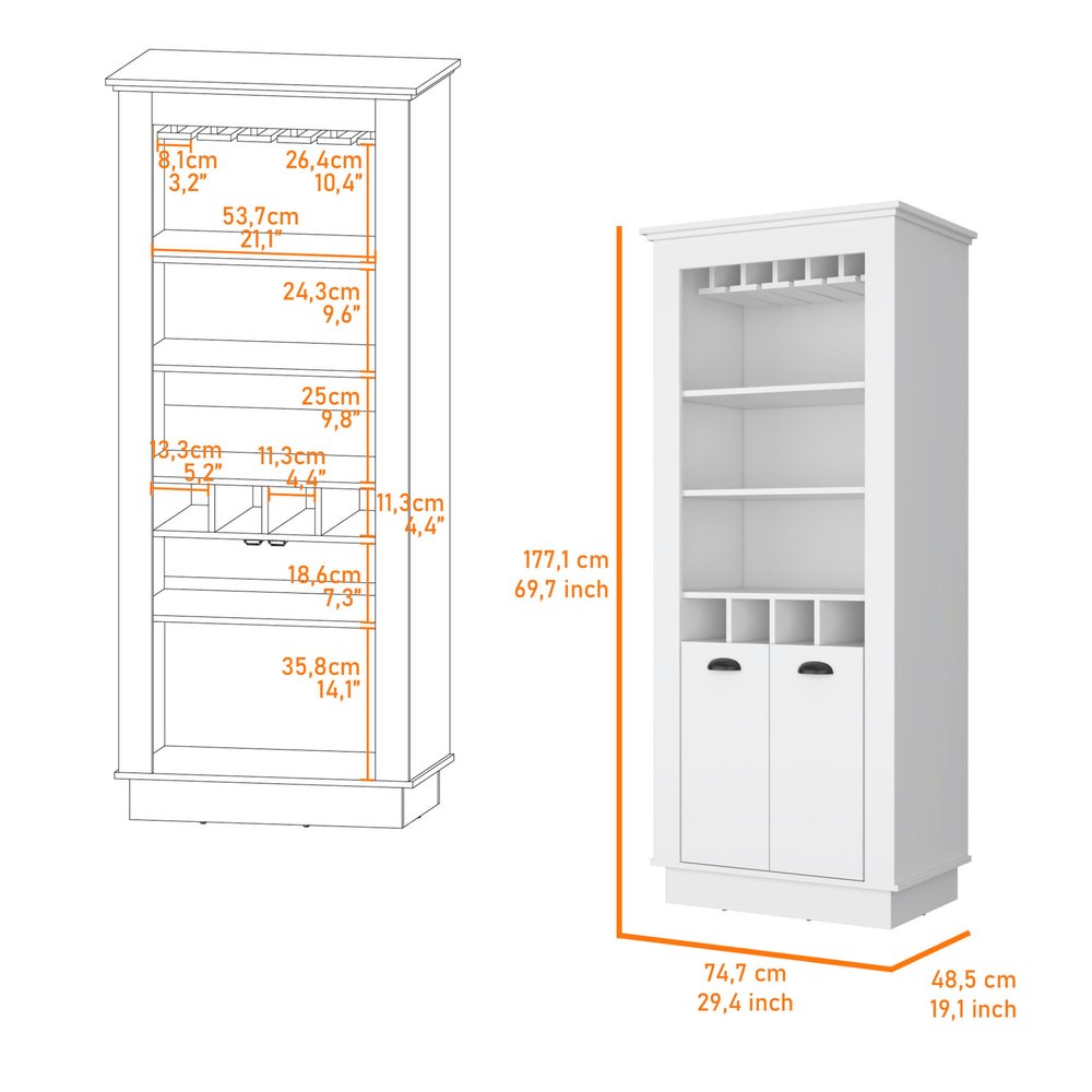 70" White Bar Cabinet With Wine Storage on a white background
