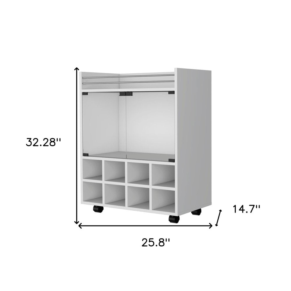White Rolling Bar Cart With Wine Storage - 32.28" H x 25.8" W x 14.7" D on a white background