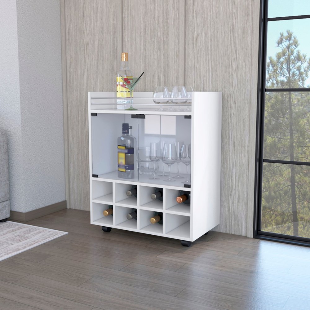 White rolling bar cart with glass doors, wine cubbies, and glassware on a wooden floor.