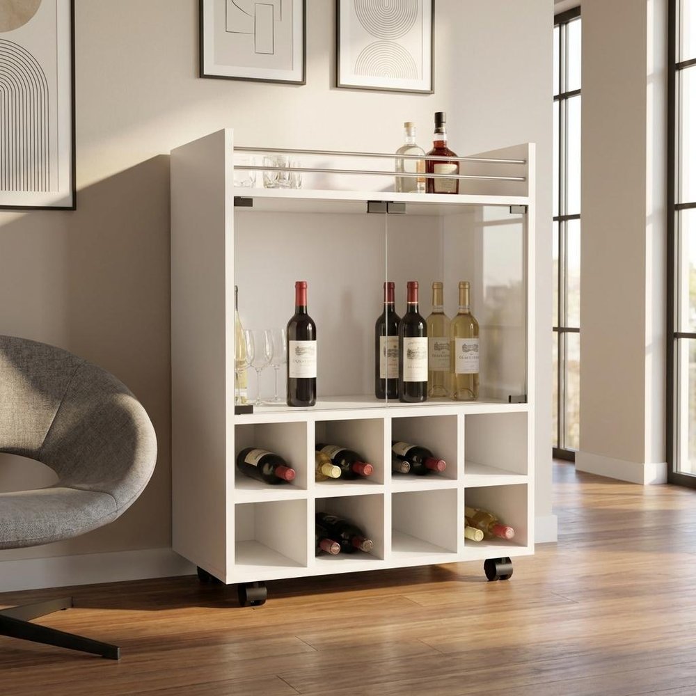 White Rolling Bar Cart With Wine Storage - 32.28" H x 25.8" W x 14.7" D in a home interior