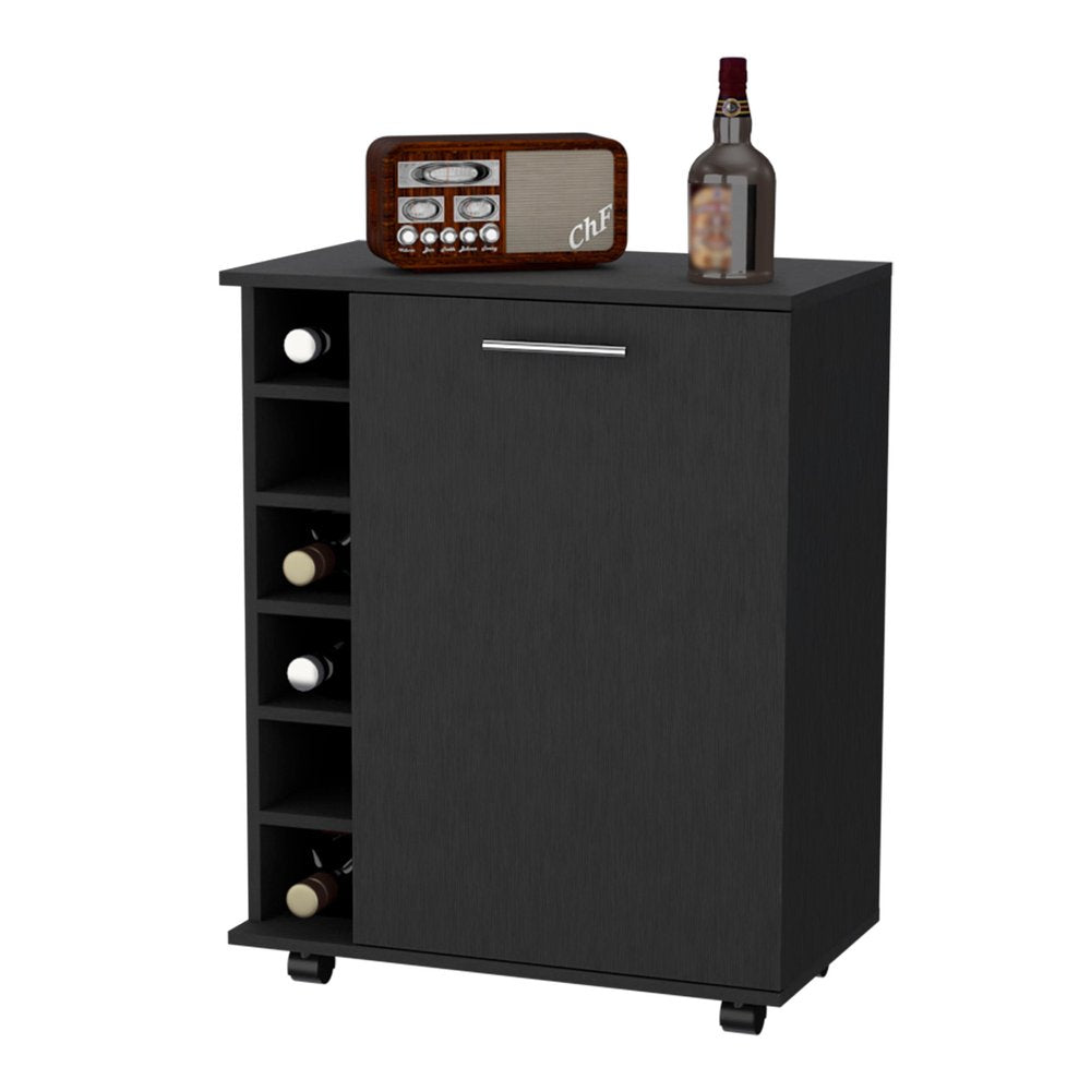 Black Rolling Bar Cart With Wine Storage - 32.3" H x 25.8" W x 14.7" D