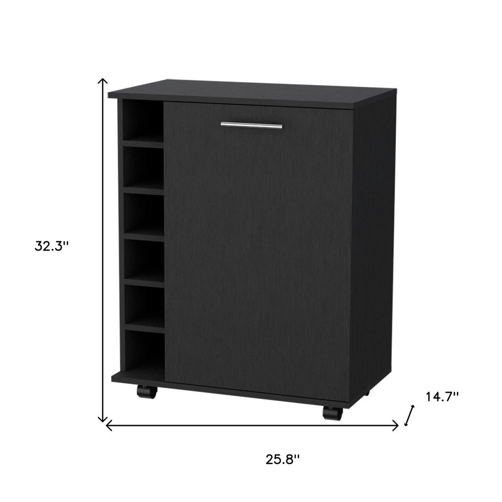 Black Rolling Bar Cart With Wine Storage - 32.3" H x 25.8" W x 14.7" D on a white background
