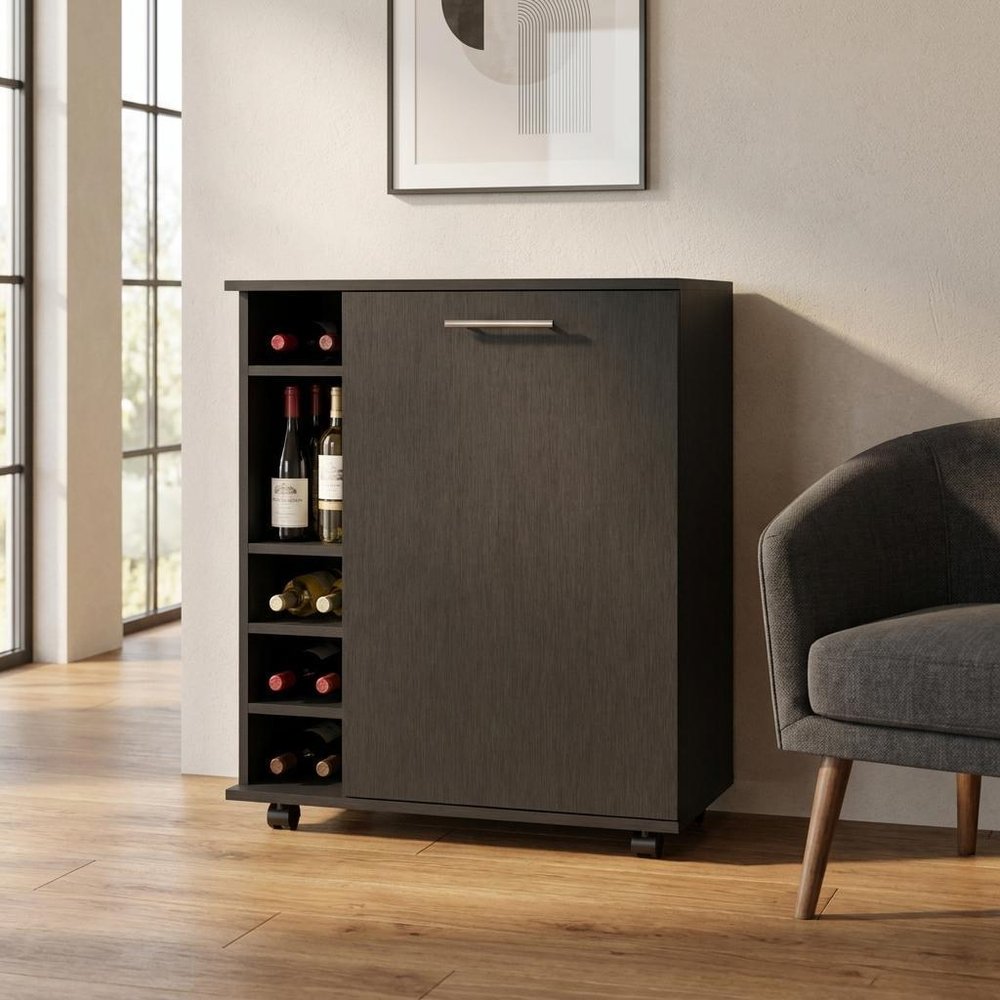 Black Rolling Bar Cart With Wine Storage - 32.3" H x 25.8" W x 14.7" D in a home interior