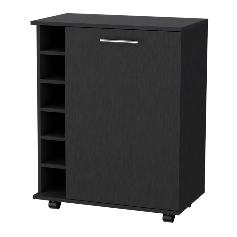 Black rolling bar cart with wine storage, featuring a dark wood finish and a silver handle, on a white background.