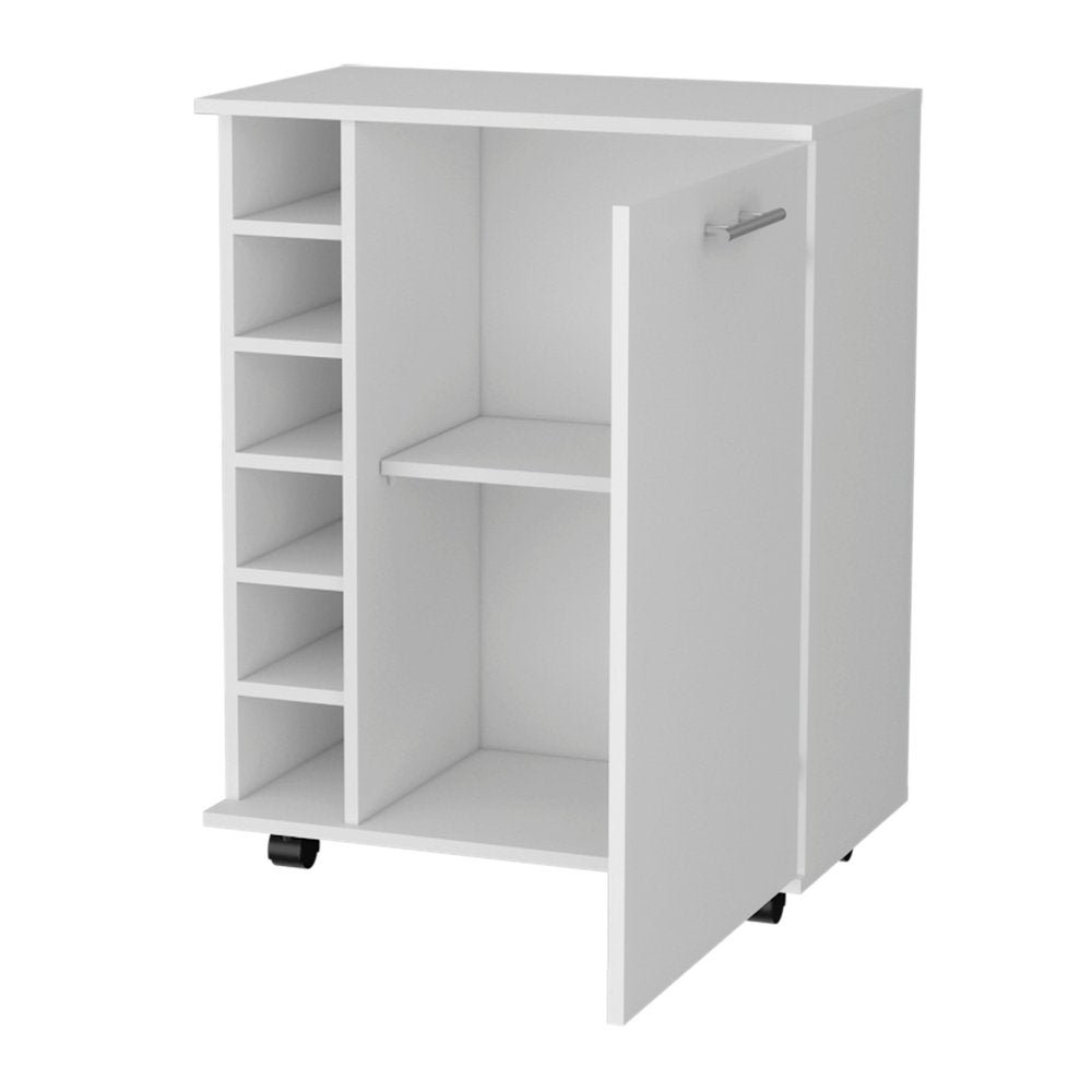 White Rolling Bar Cart With Wine Storage - 32.3" H x 25.8" W x 14.7" D on a white background