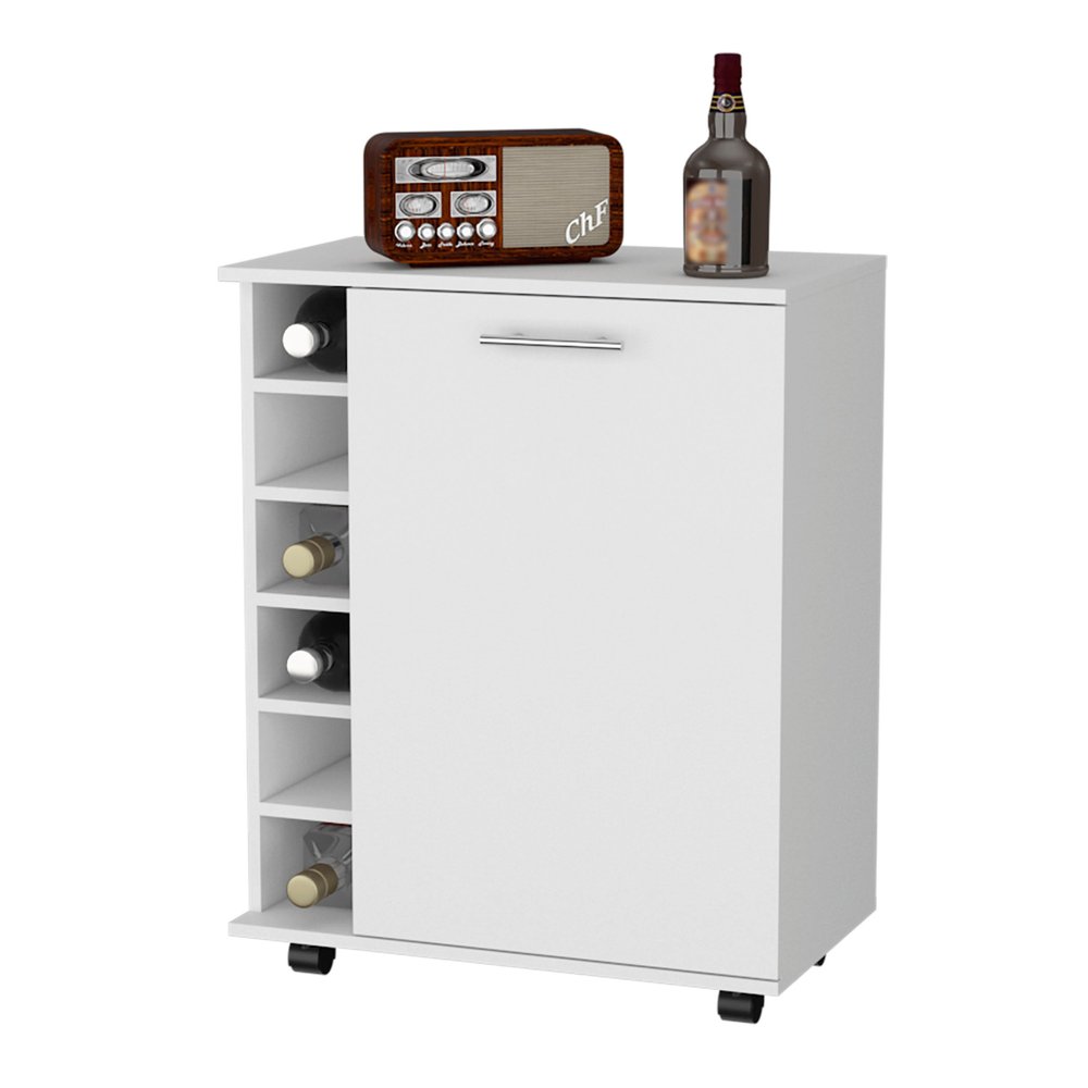 White Rolling Bar Cart With Wine Storage - 32.3" H x 25.8" W x 14.7" D on a white background