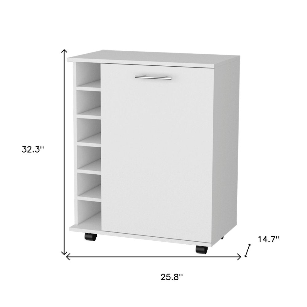 White Rolling Bar Cart With Wine Storage - 32.3" H x 25.8" W x 14.7" D on a white background
