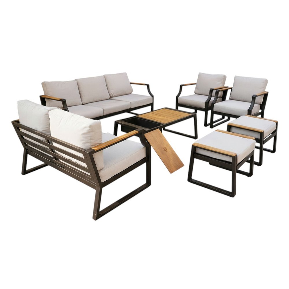 Black metal outdoor seating group with light gray cushions and wooden accents, including a sofa, two armchairs, two ottomans, and a coffee table.