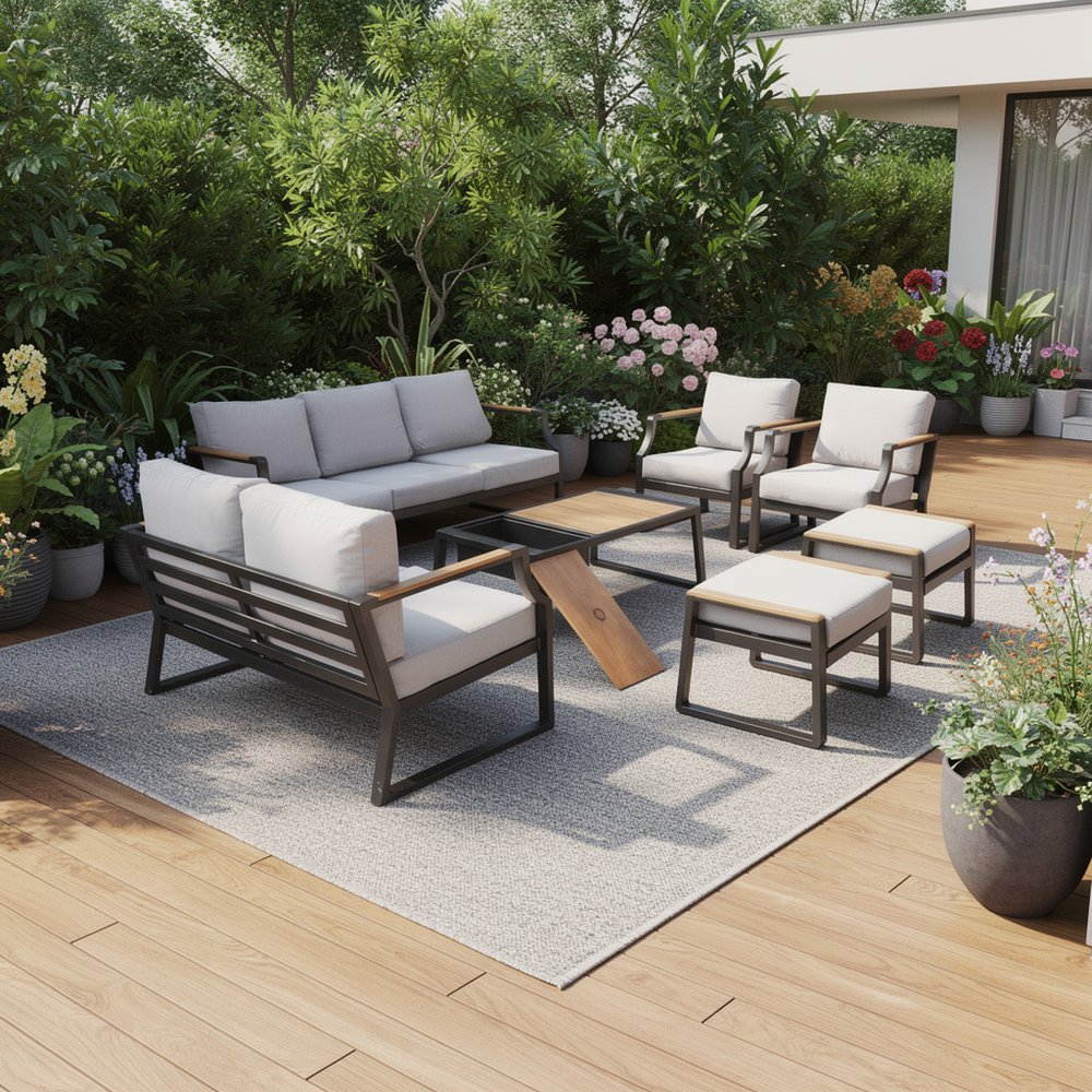 Seven Piece Black Metal Sofa Seating Group With Table
