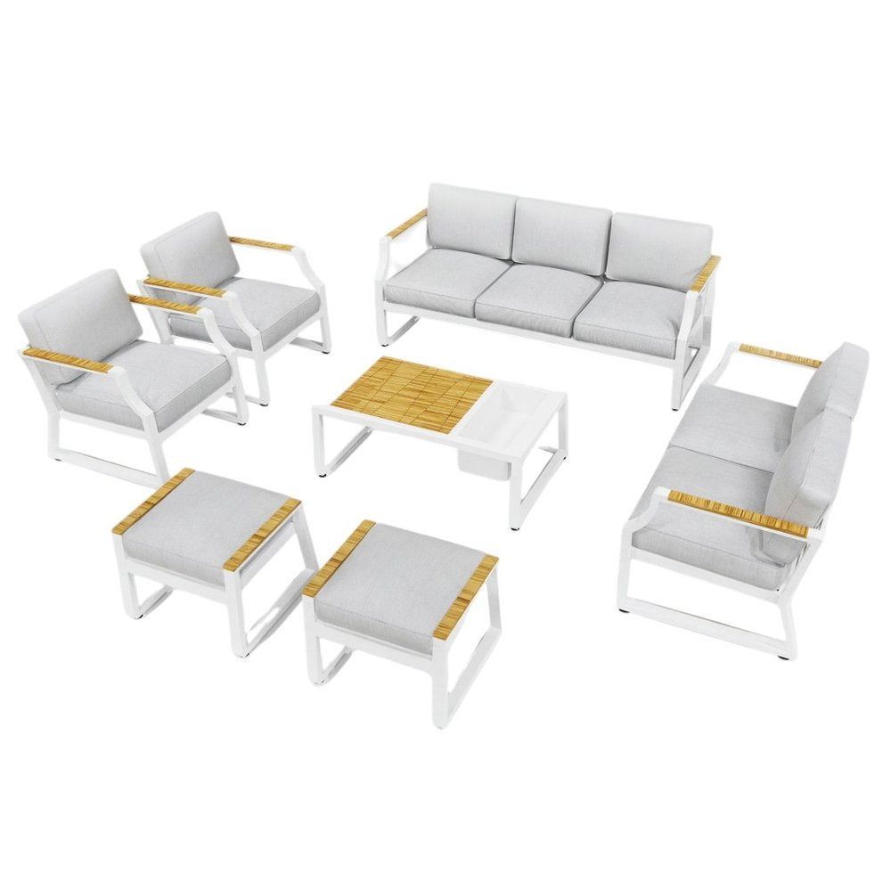 Seven Piece White Metal Sofa Seating Group With Table on a white background