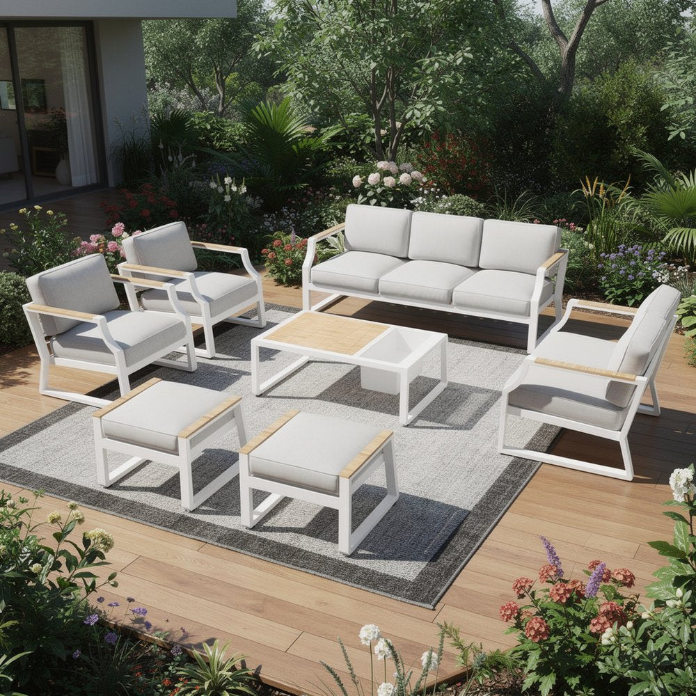 Seven Piece White Metal Sofa Seating Group With Table