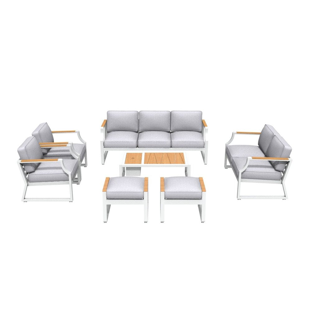 White metal outdoor sofa seating group with light wood accents and light gray cushions, including a sofa, two armchairs, and two ottomans around a coffee table.
