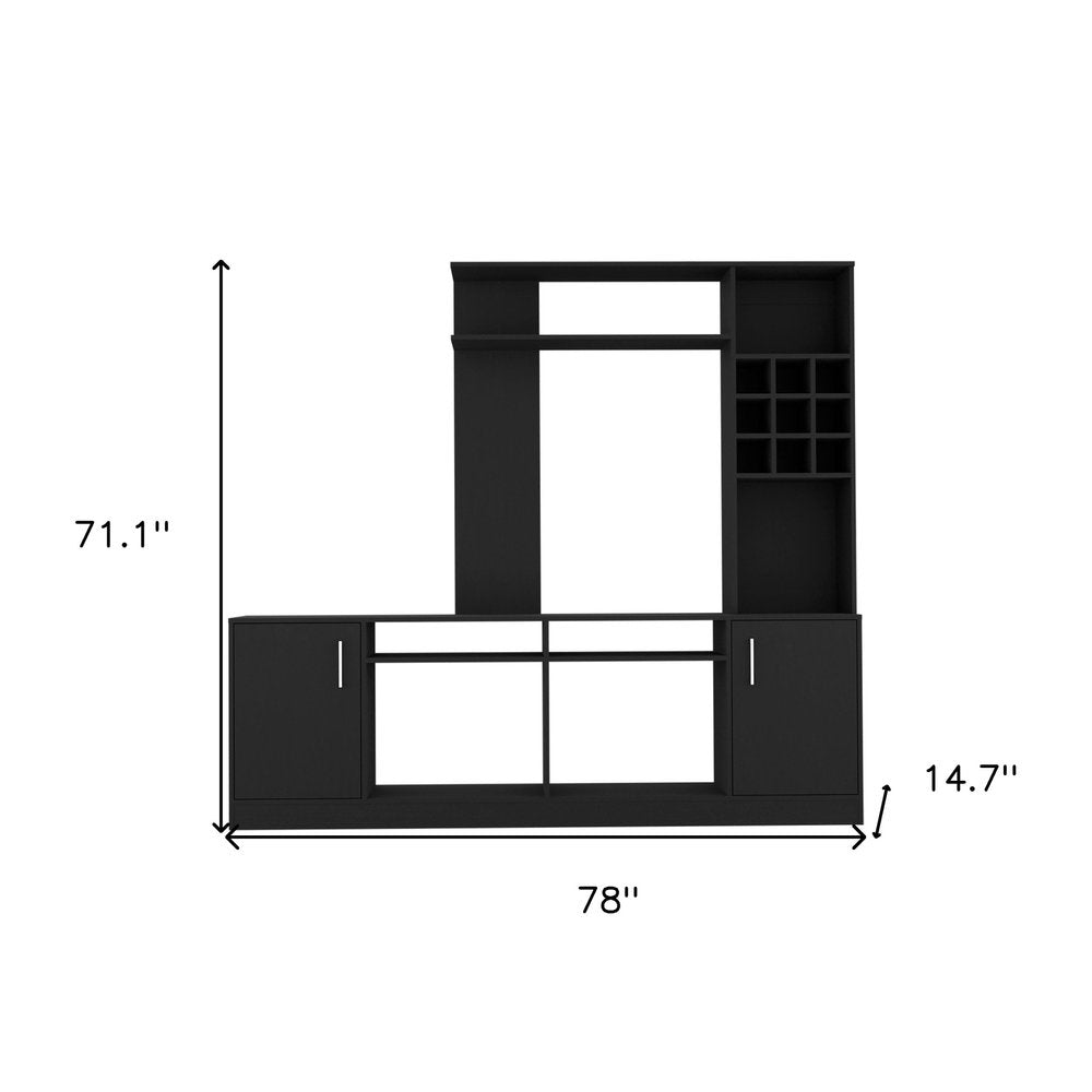 78" Black Wood Enclosed and Open Storage Entertainment Center with Bookcase on a white background