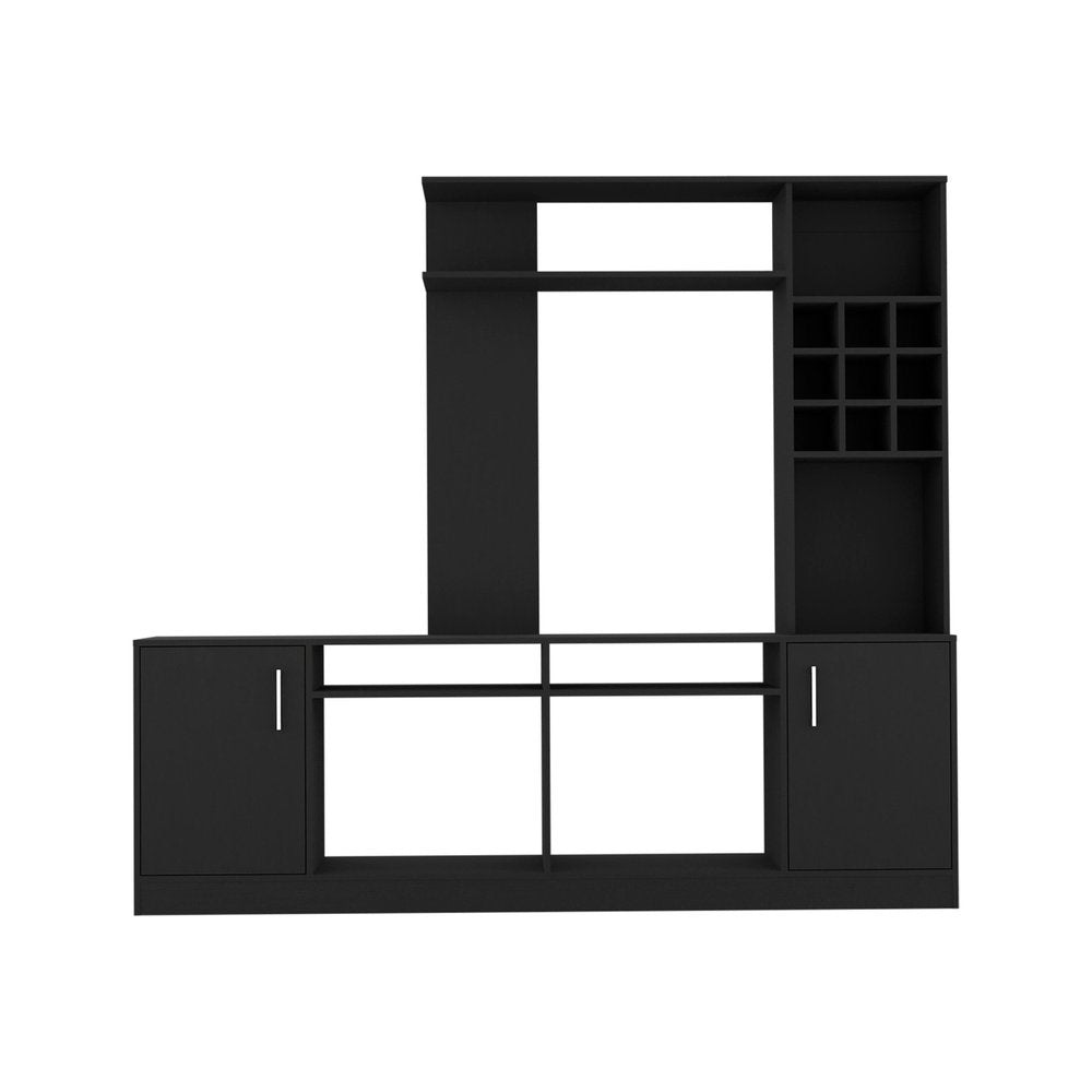 78" Black Wood Enclosed and Open Storage Entertainment Center with Bookcase on a white background