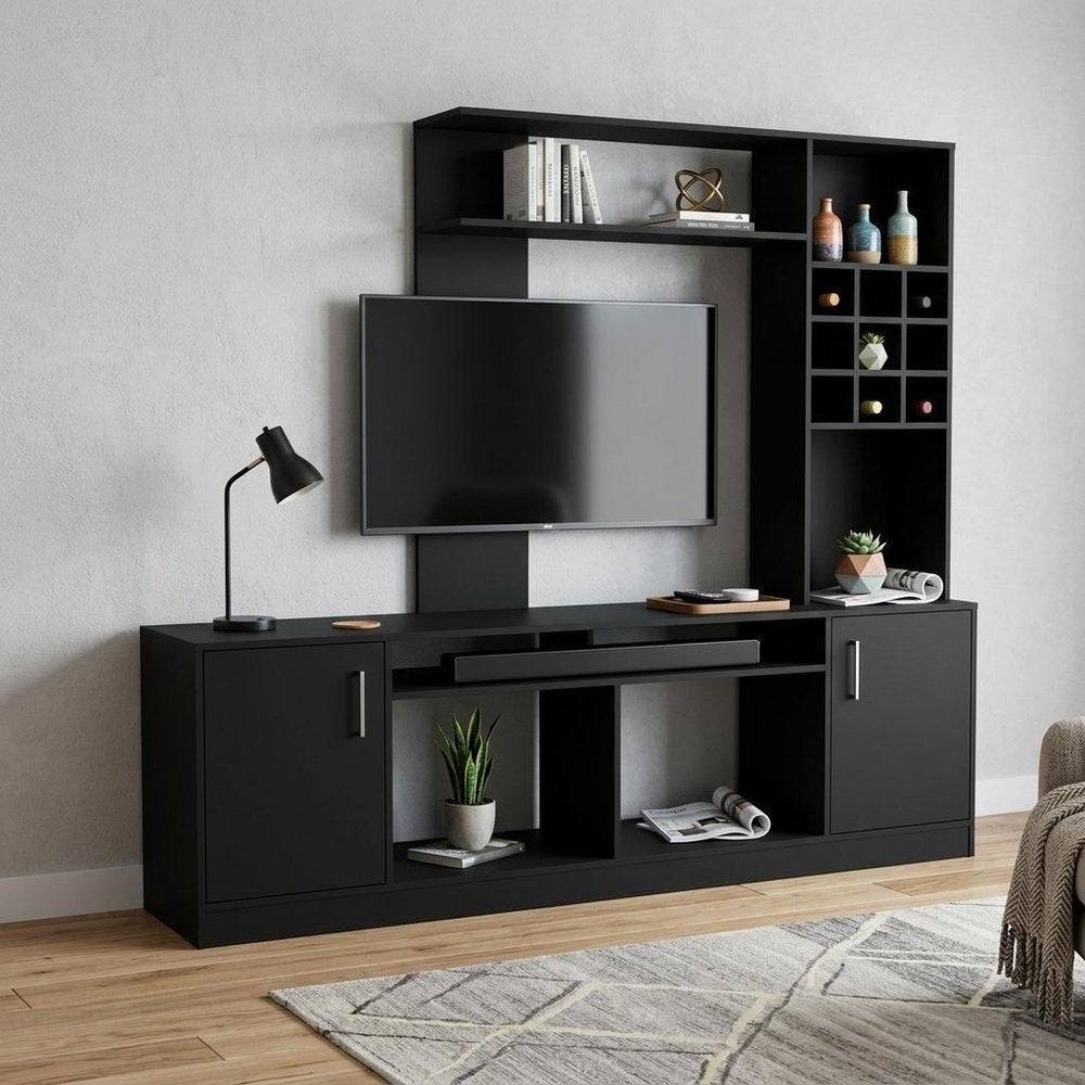 78" Black Wood Enclosed and Open Storage Entertainment Center with Bookcase in a home interior