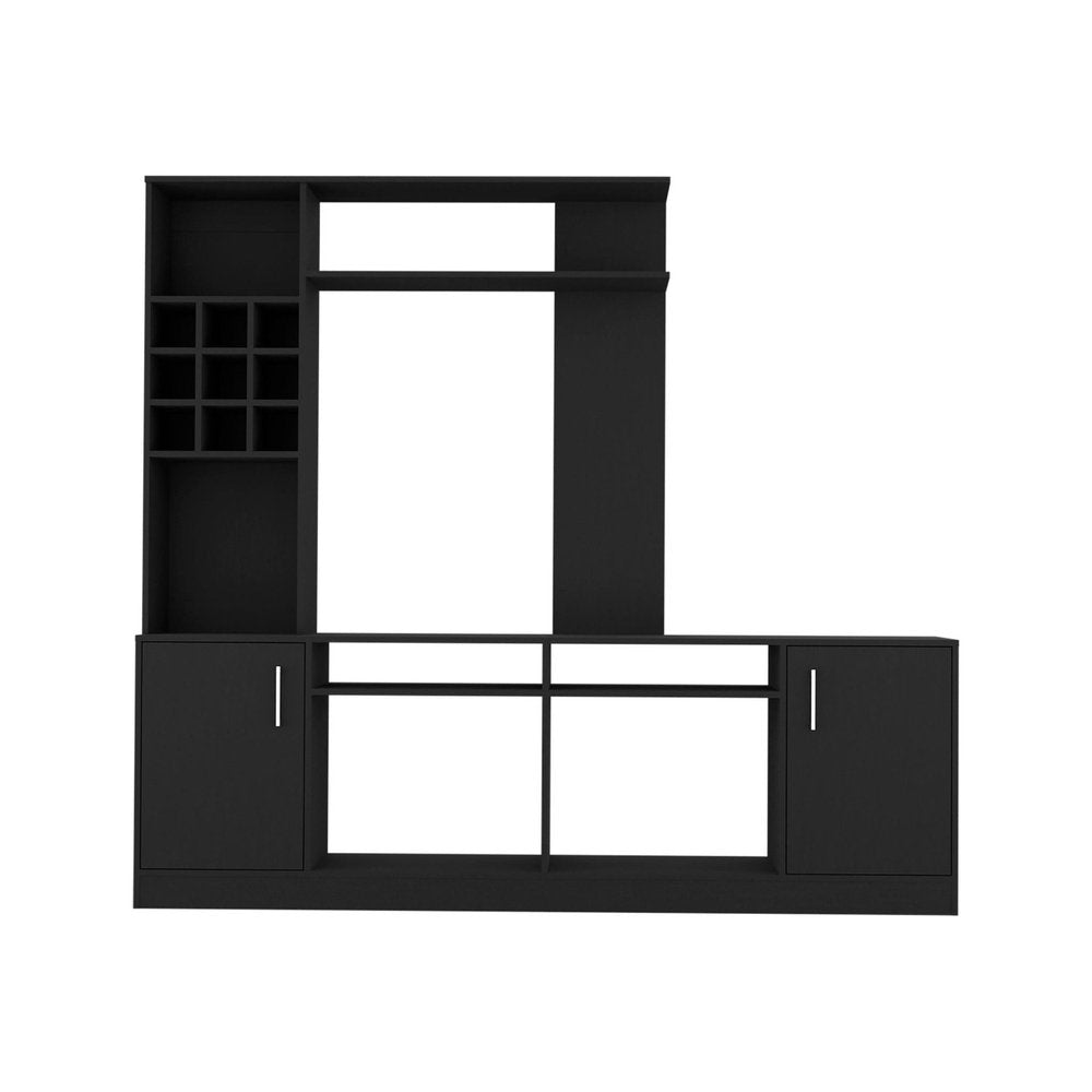 78" Black Wood Enclosed and Open Storage Entertainment Center with Bookcase on a white background