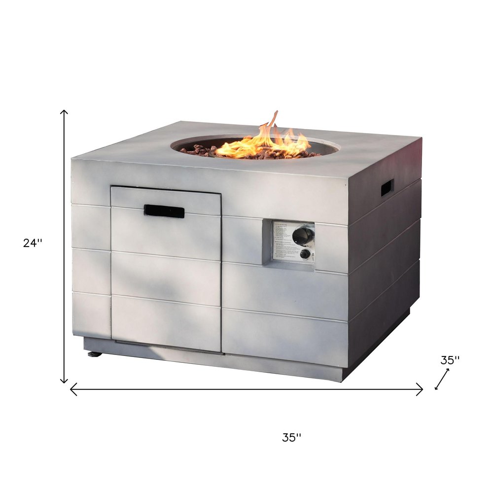 50000 BTU 35" Gray Aluminum Natural Gas Square Fire Pit Table With Cover. Outdoor fireplaces and firepit isolated on a plain white background, in a gray metal finish.