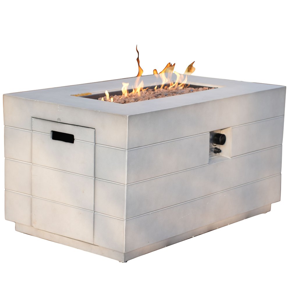 Rectangular gray aluminum natural gas fire pit table with a textured finish and a white background.