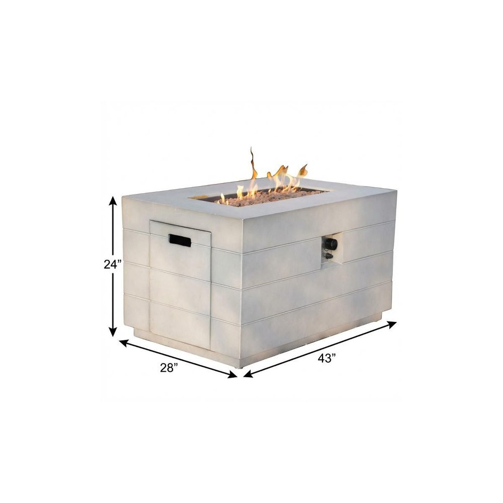 28" Gray Aluminum Natural gas Rectangular Fire pit table With Cover. Outdoor fireplaces and firepit isolated on a plain white background, in a gray metal finish.