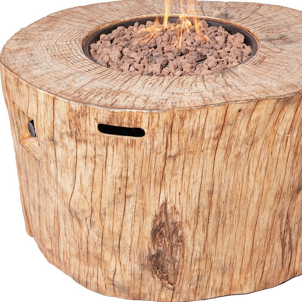 37" Brown Faux Wood Stump Propane Round Fire pit With Cover detail shot of the brown wood finish.
